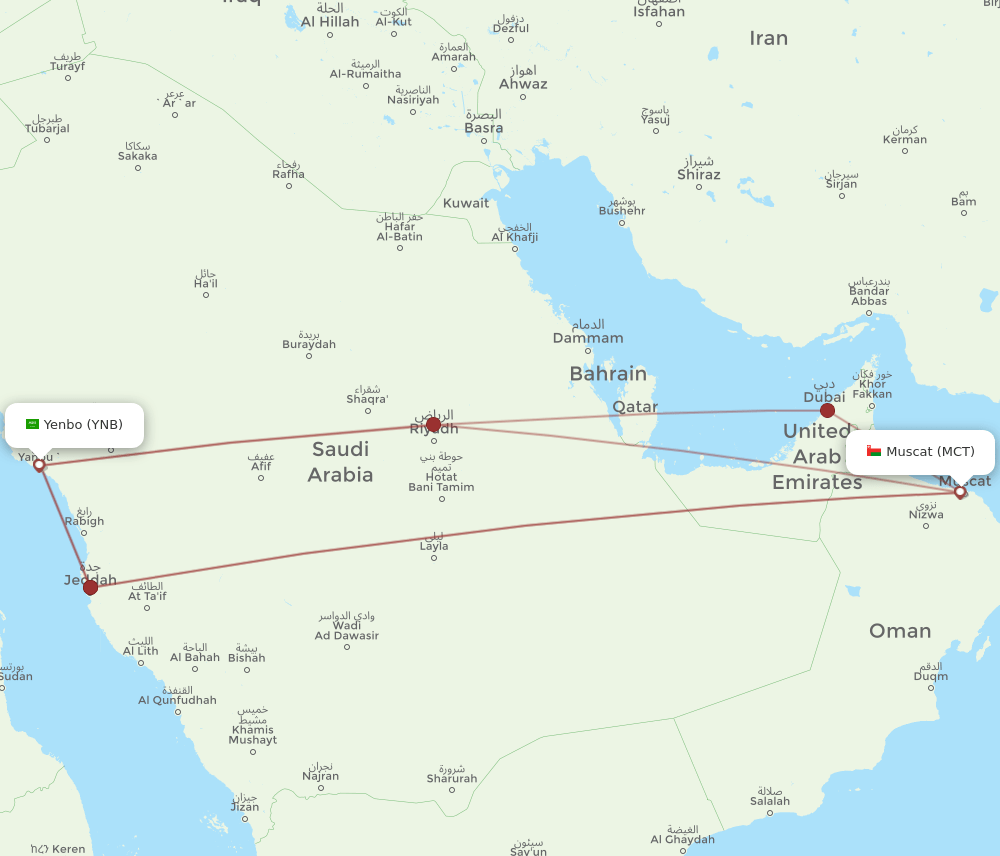 MCT to YNB flights and routes map