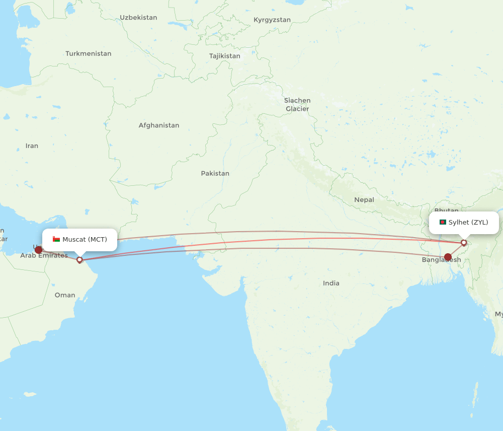 MCT-ZYL flight routes