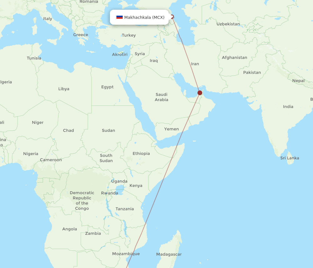 Durban - Makhachkala route map and flight paths
