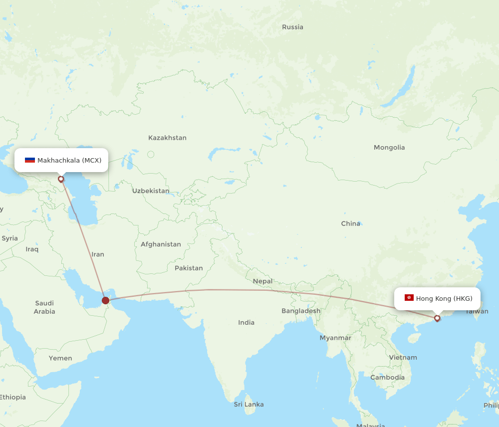Hong Kong - Makhachkala route map and flight paths