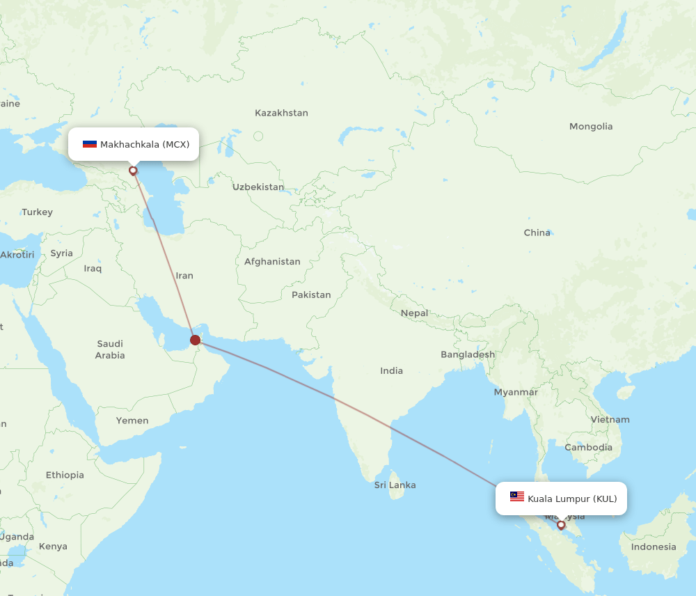 Kuala Lumpur - Makhachkala route map and flight paths