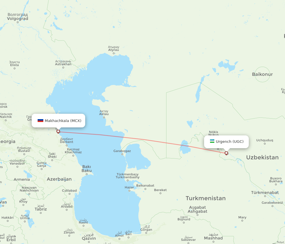 Makhachkala - Urgench route map and flight paths