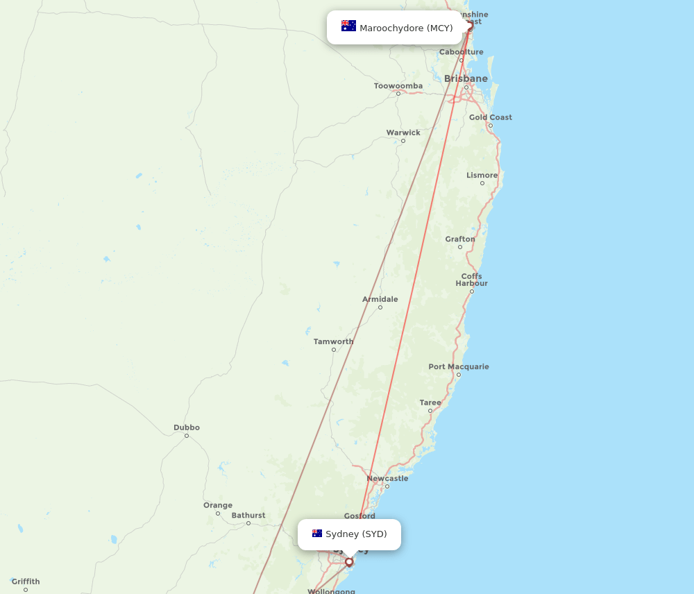 Sunshine Coast - Sydney route map and flight paths
