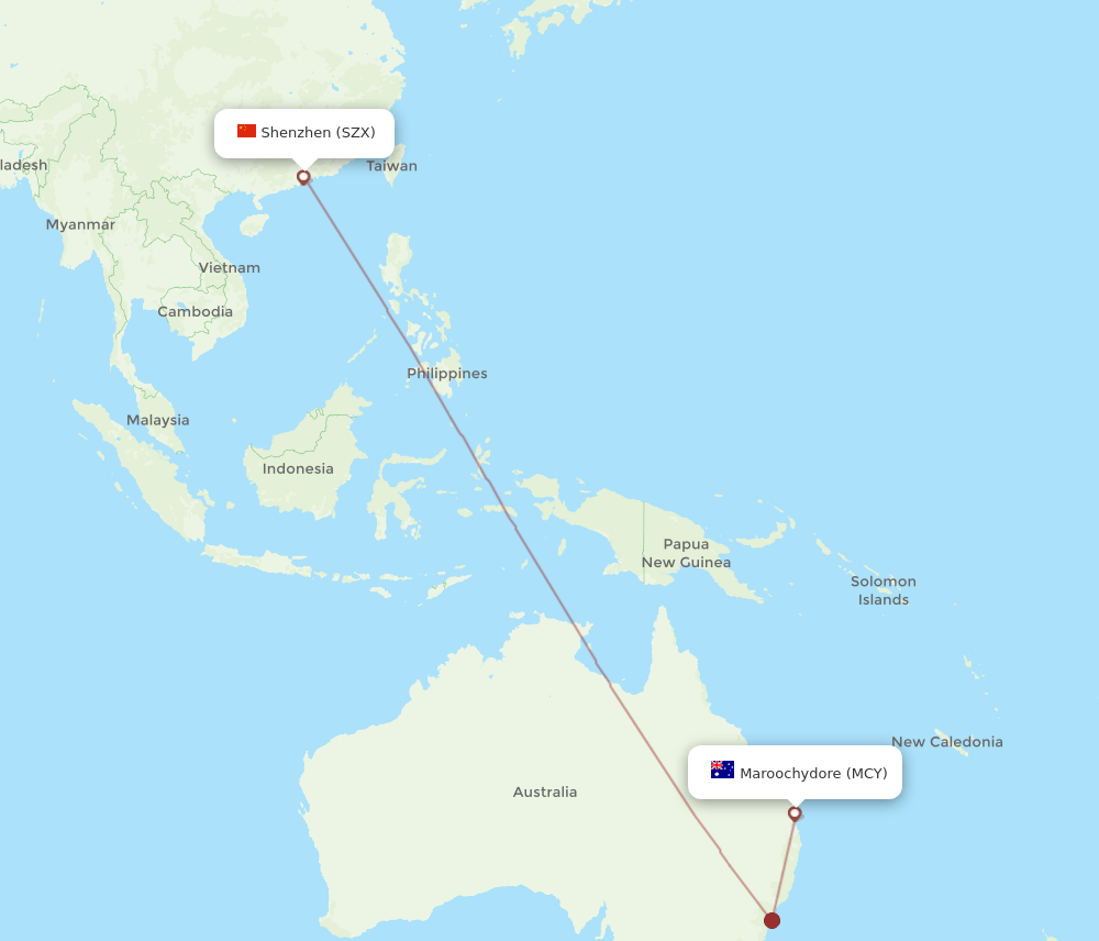 Shenzhen - Sunshine Coast route map and flight paths