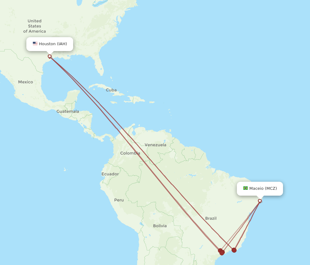 MCZ to IAH flights and routes map