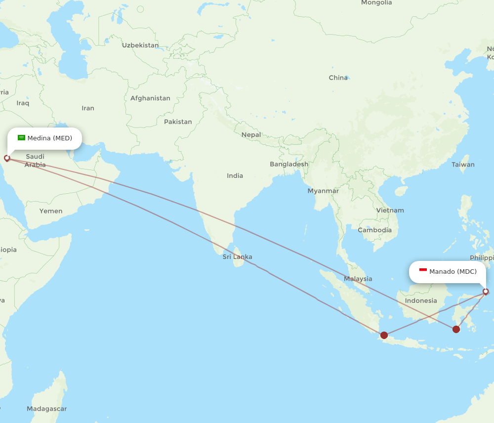 Madinah - Manado route map and flight paths