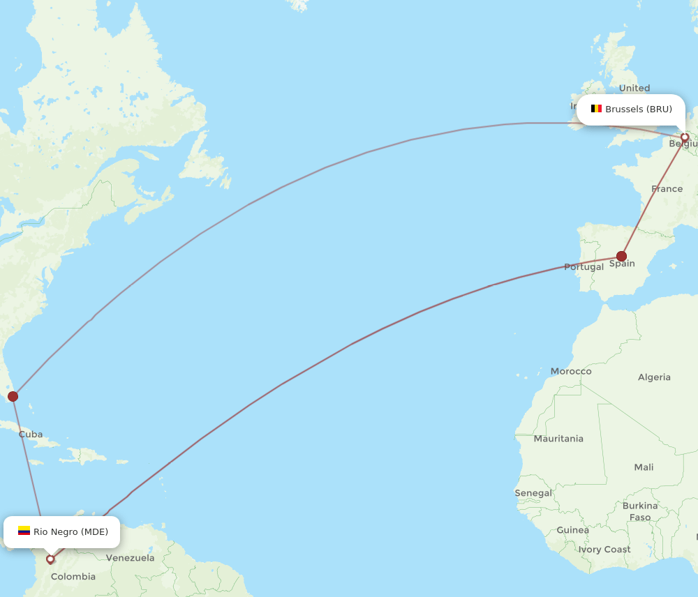 MDE-BRU flight routes