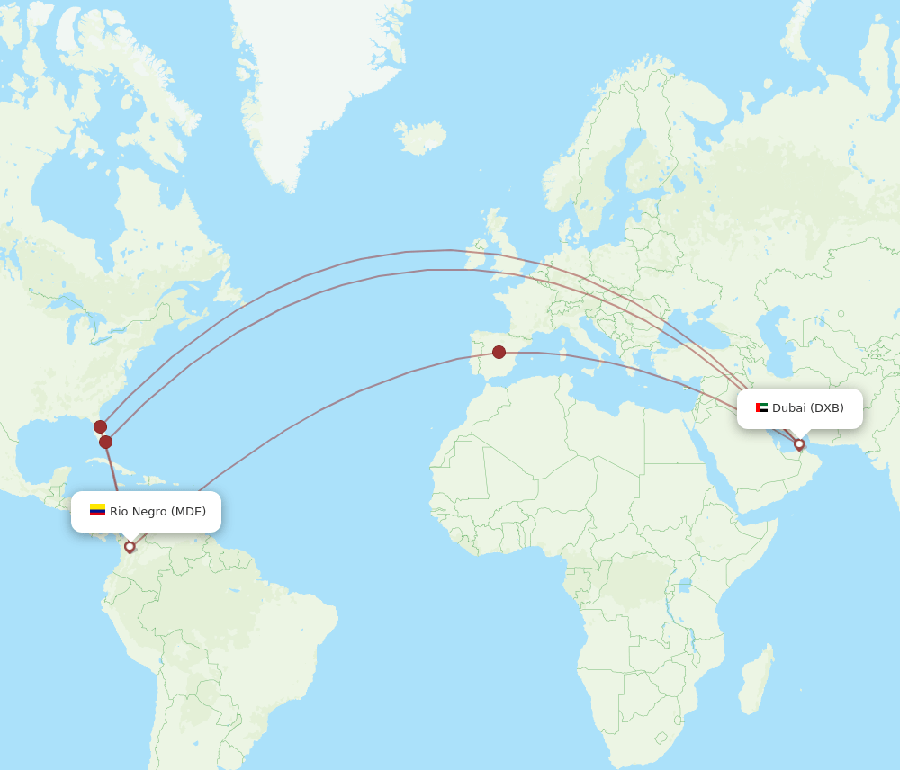 Dubai - Medellin route map and flight paths