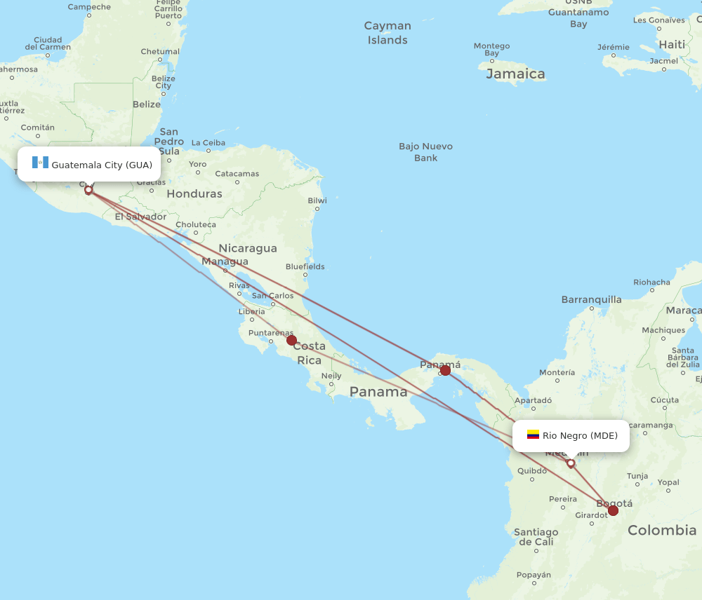 MDE to GUA flights and routes map