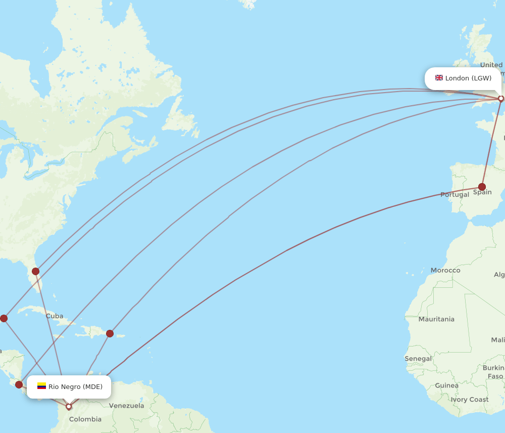 MDE-LGW flight routes