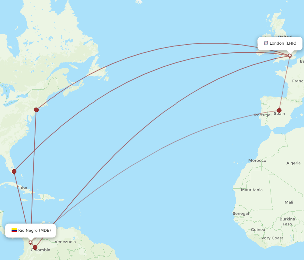 MDE-LHR flight routes