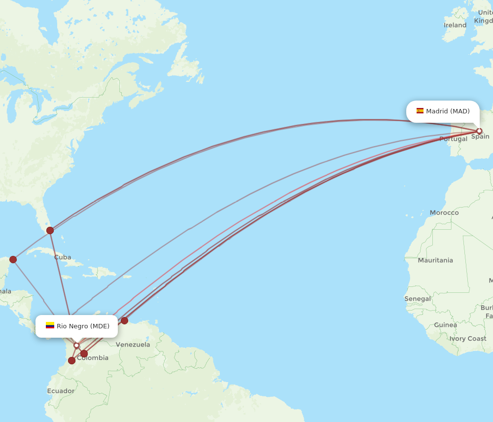 MDE to MAD flights and routes map