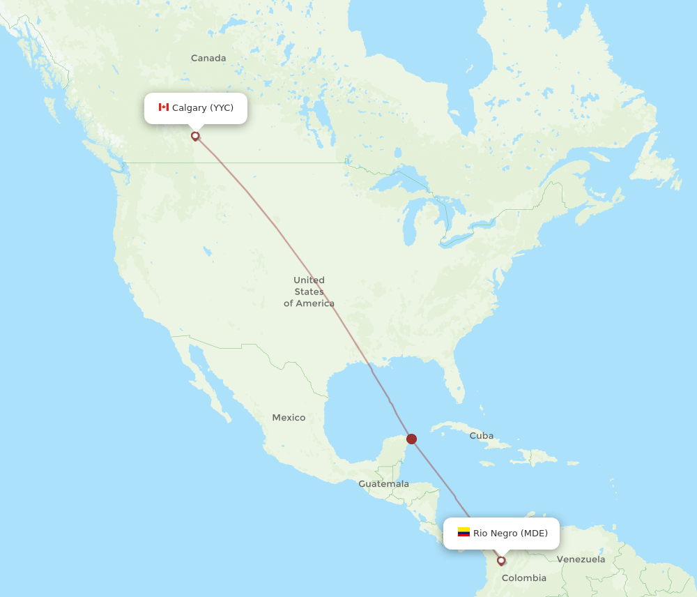 Calgary - Medellin route map and flight paths