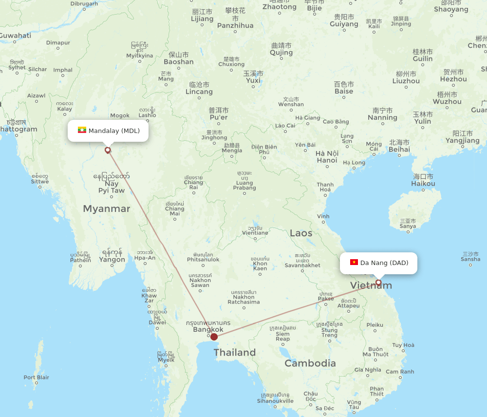 Da Nang - Mandalay route map and flight paths