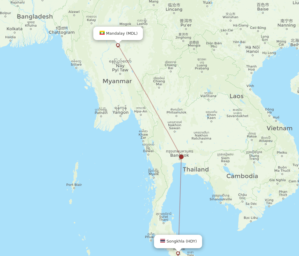 Hat Yai - Mandalay route map and flight paths