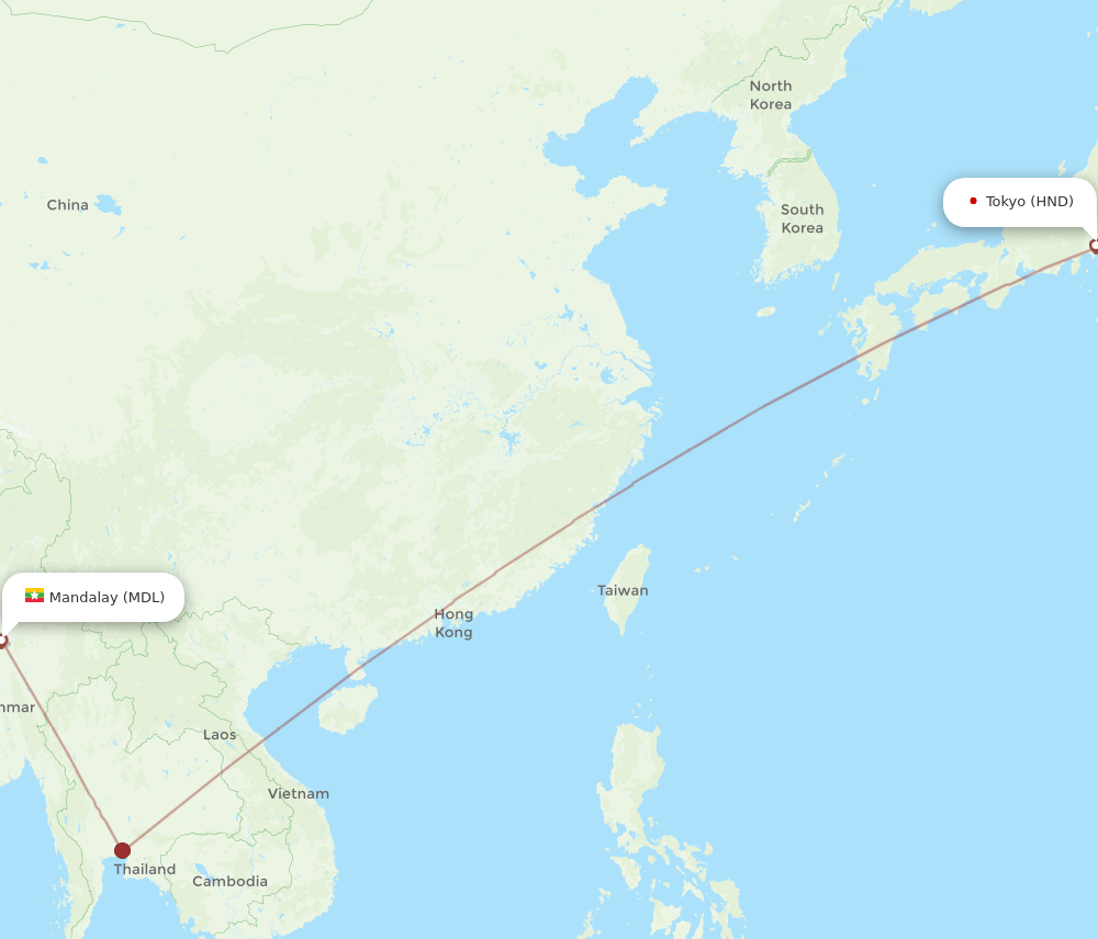 Tokyo - Mandalay route map and flight paths