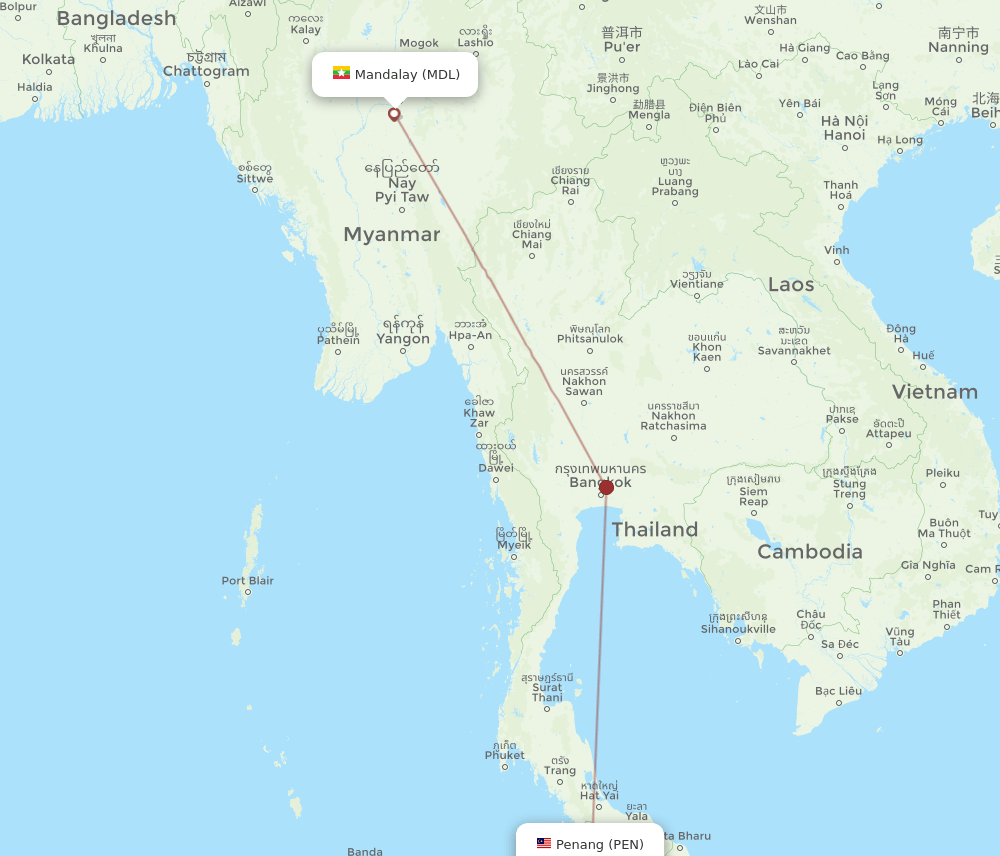 Penang - Mandalay route map and flight paths