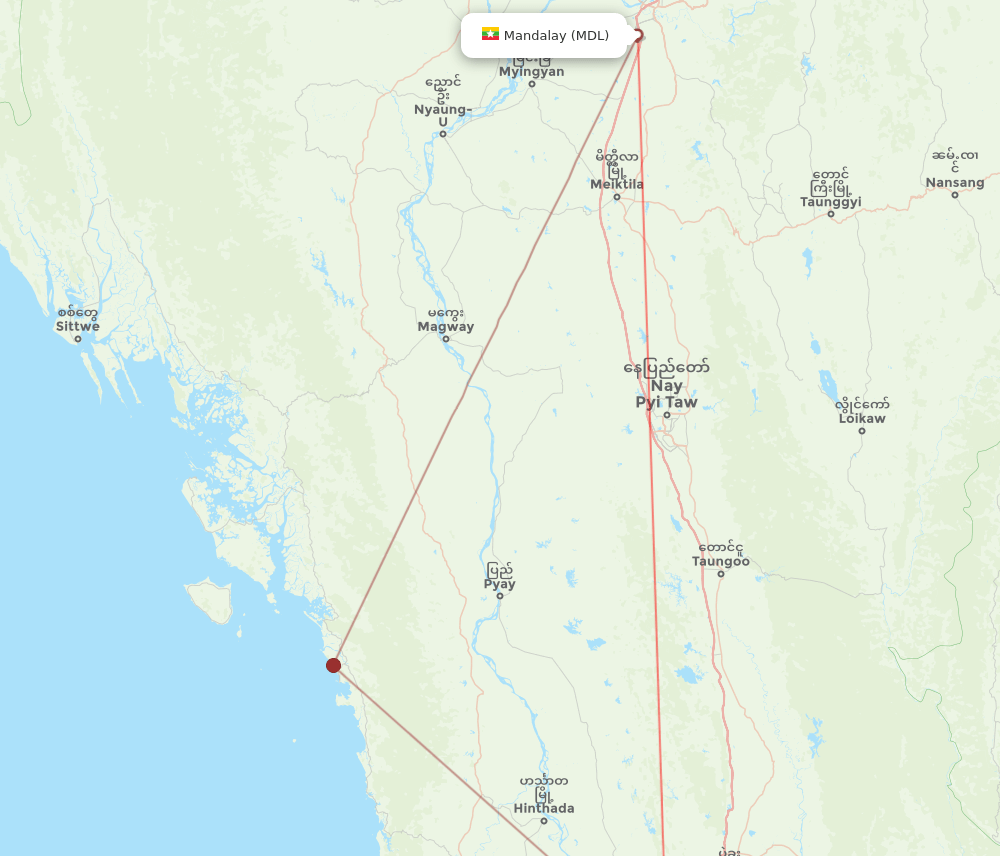 Mandalay - Yangon route map and flight paths