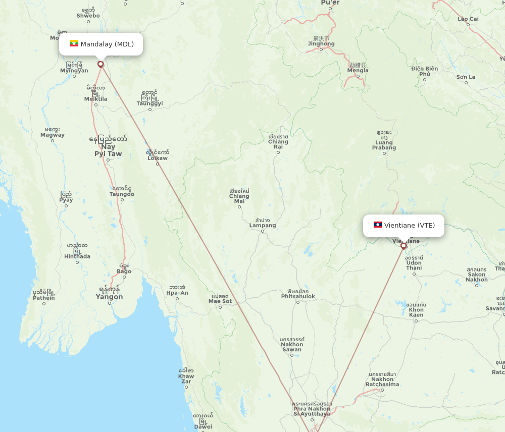 Vientiane - Mandalay route map and flight paths