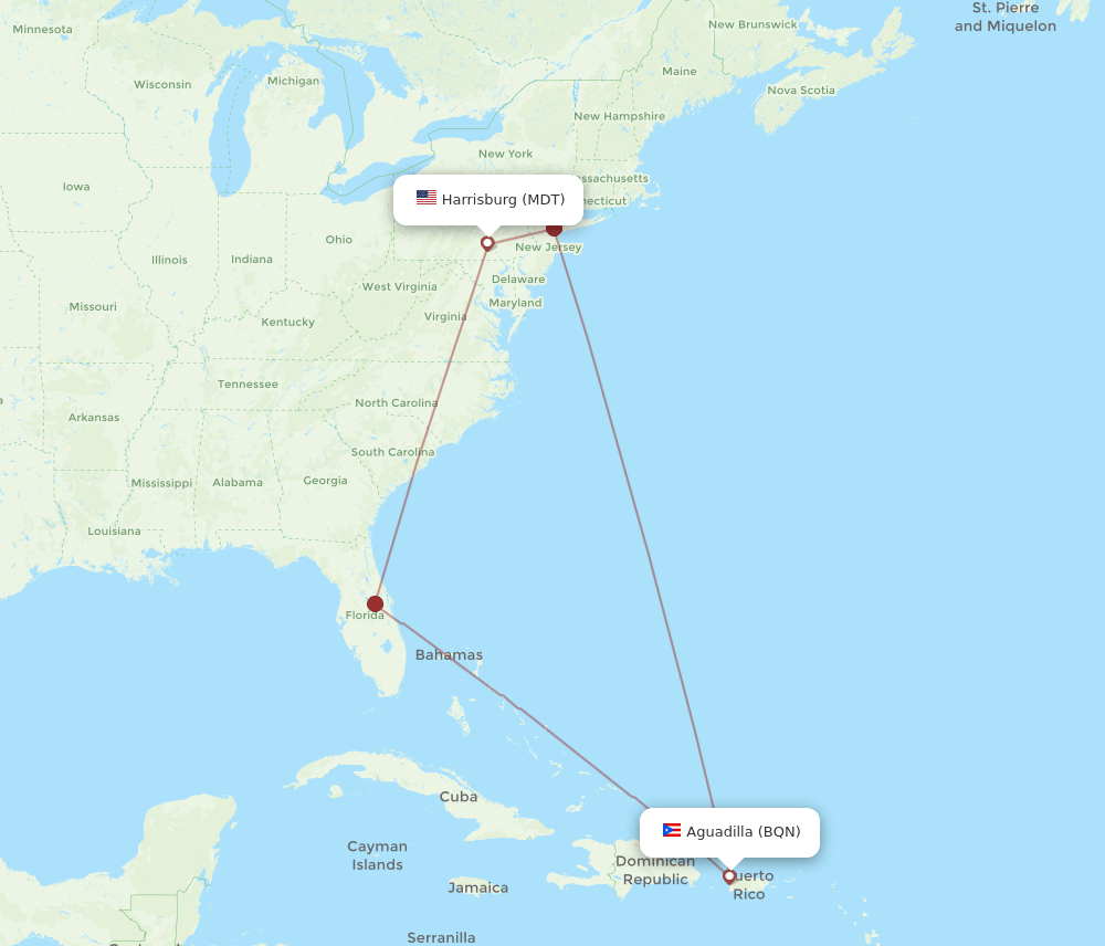 MDT to BQN flights and routes map