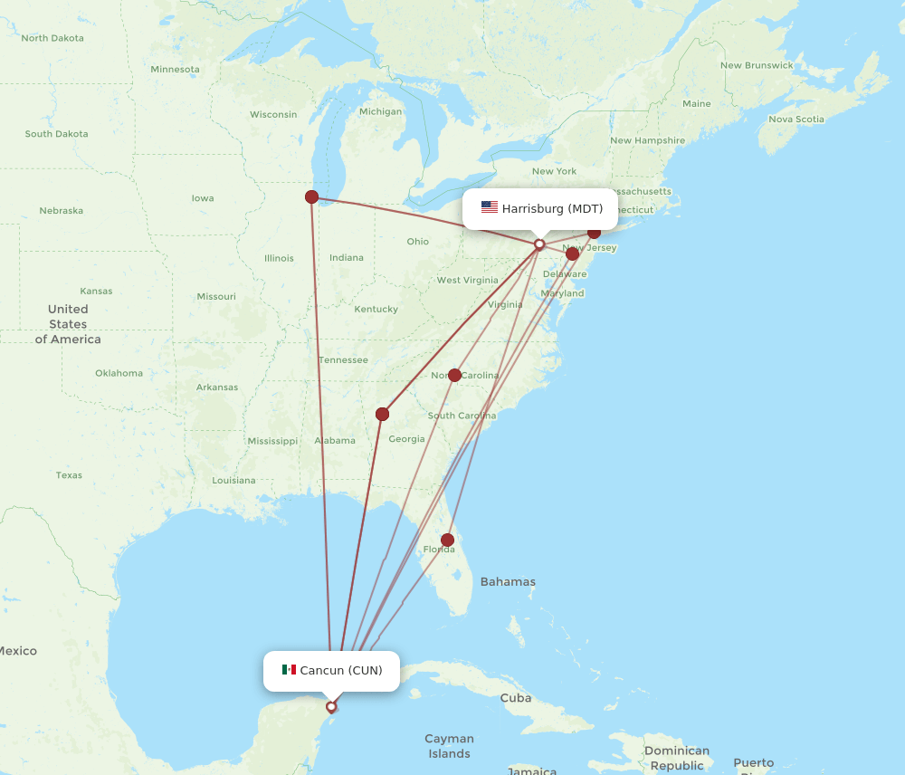 MDT to CUN flights and routes map