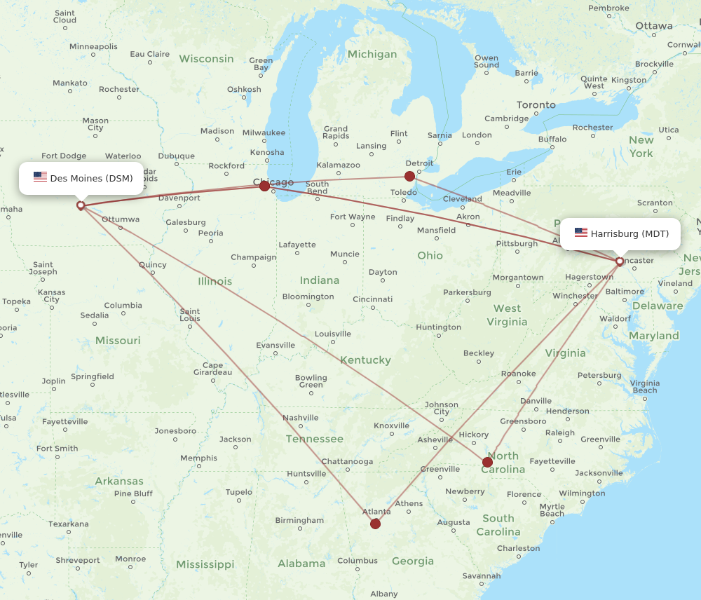 MDT to DSM flights and routes map