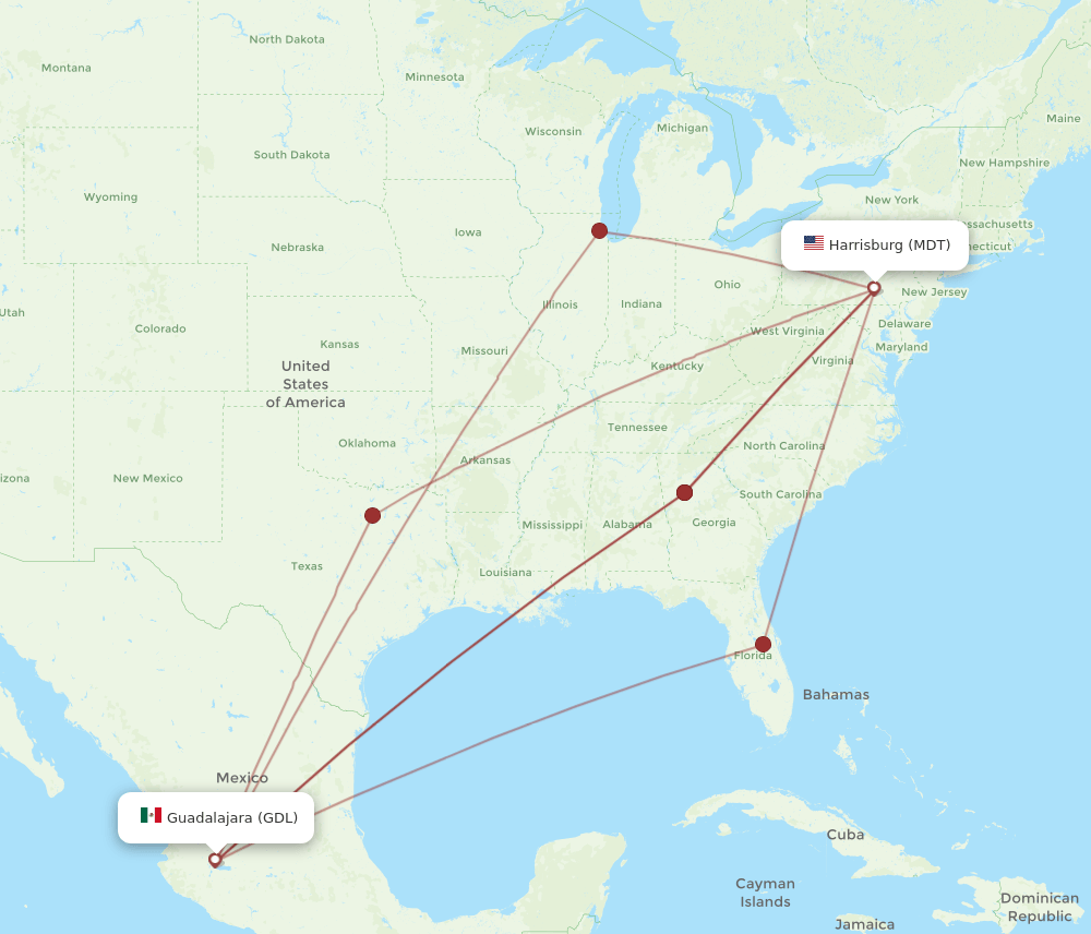 MDT to GDL flights and routes map