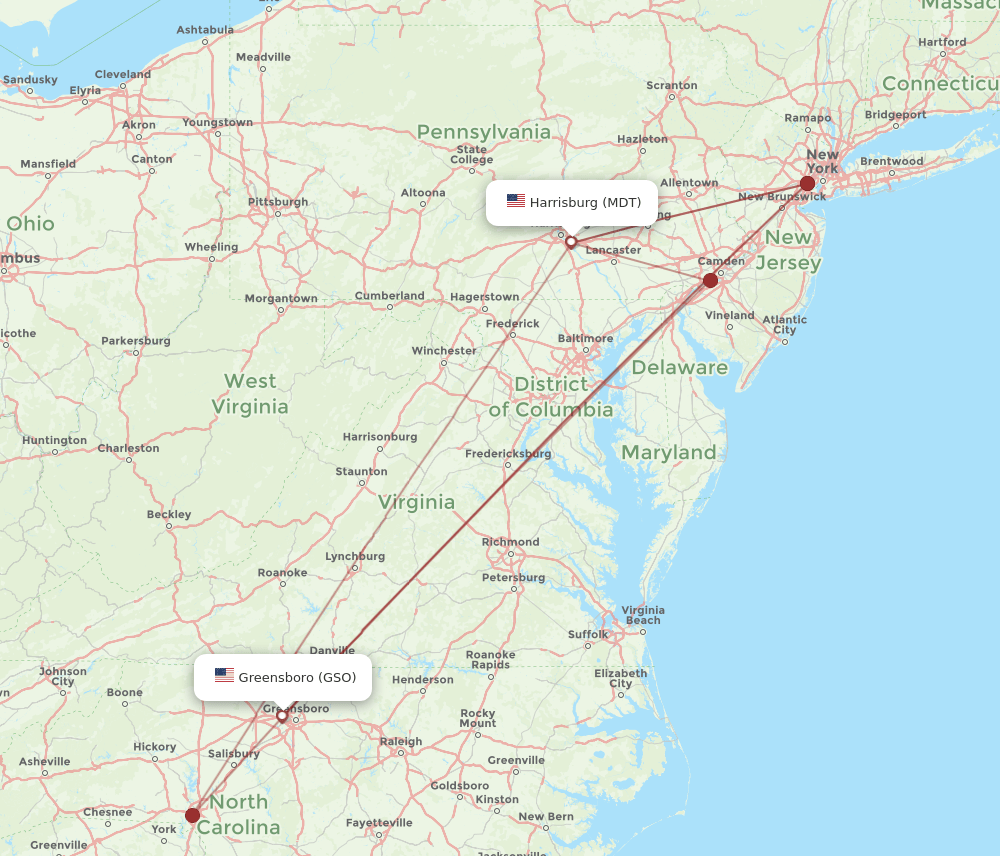 MDT to GSO flights and routes map