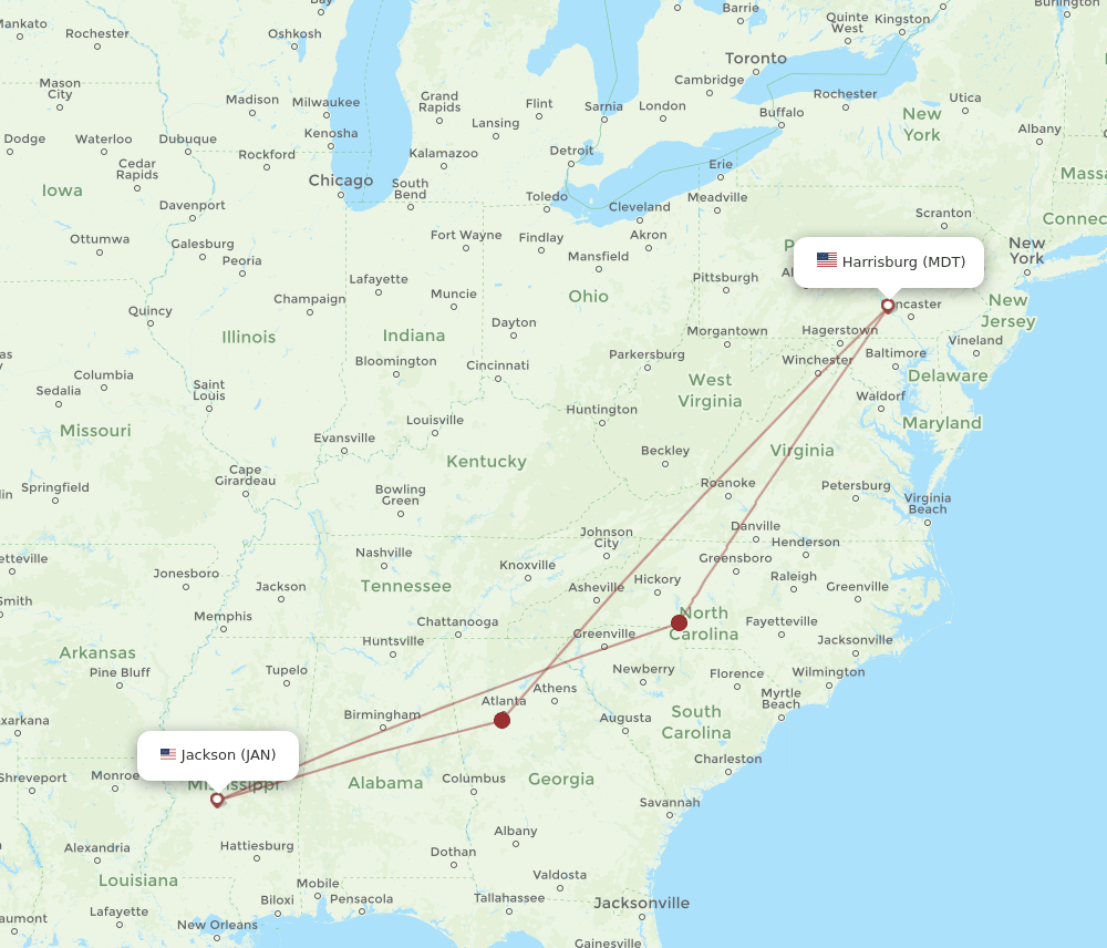 MDT to JAN flights and routes map