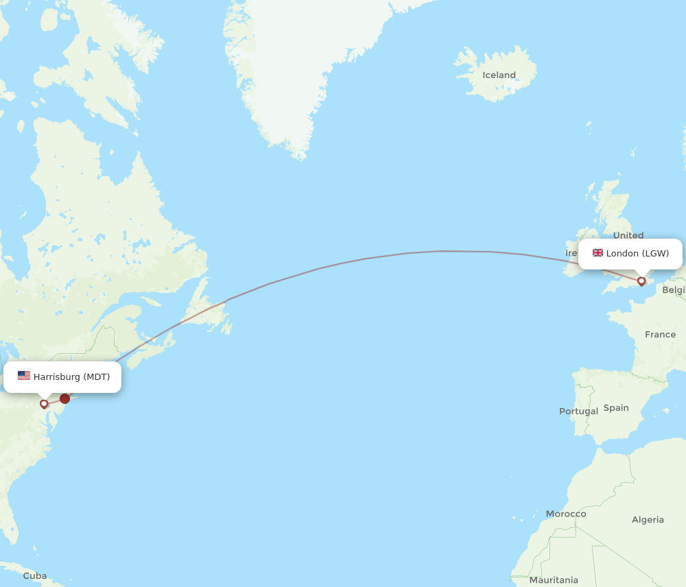 Middletown - London route map and flight paths