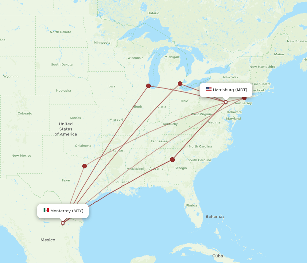 MDT to MTY flights and routes map