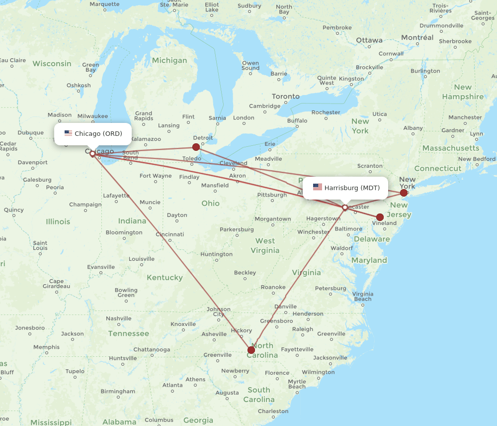 MDT to ORD flights and routes map
