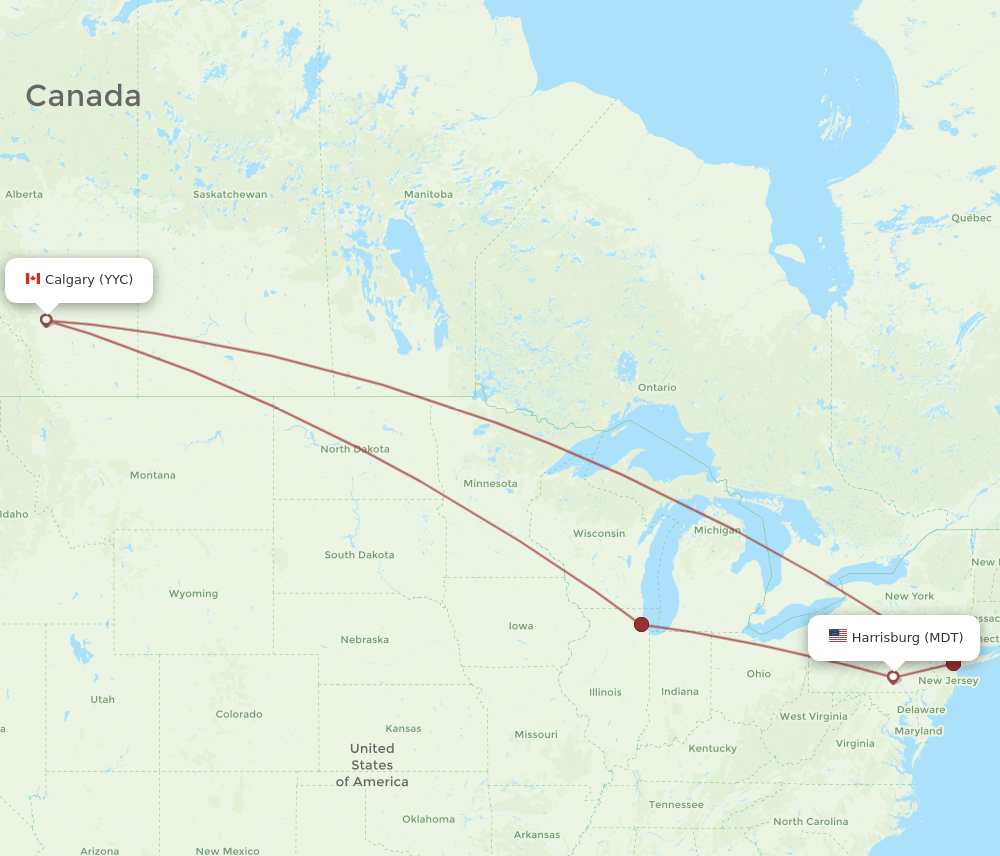 Calgary - Middletown route map and flight paths
