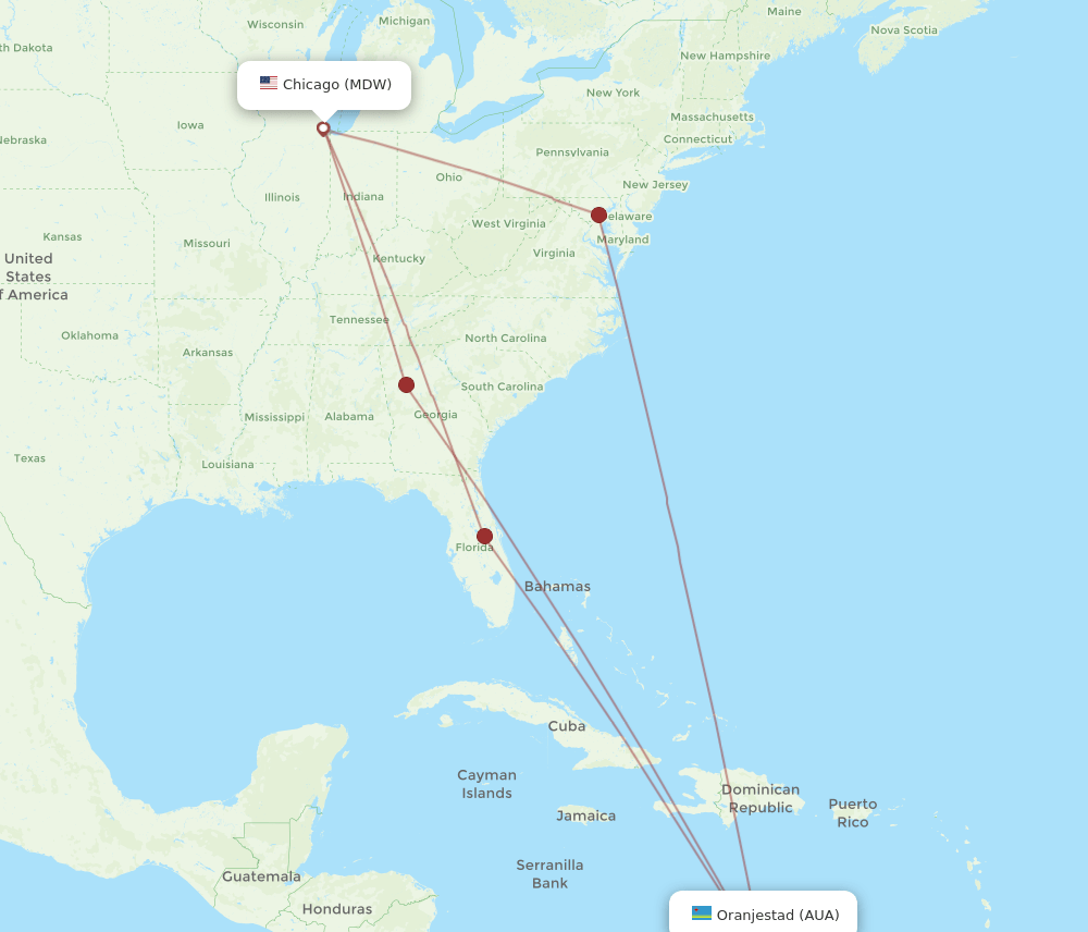 MDW to AUA flights and routes map