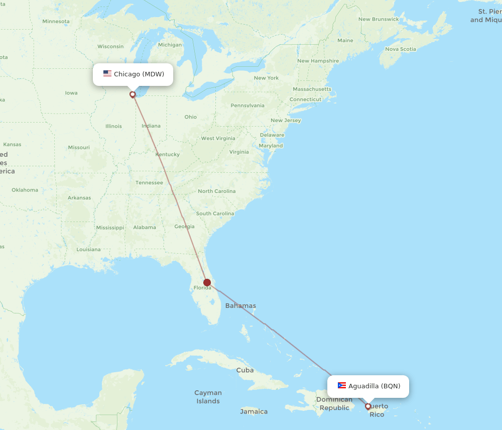 Aguadilla - Chicago route map and flight paths