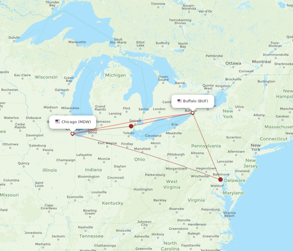 MDW-BUF flight routes