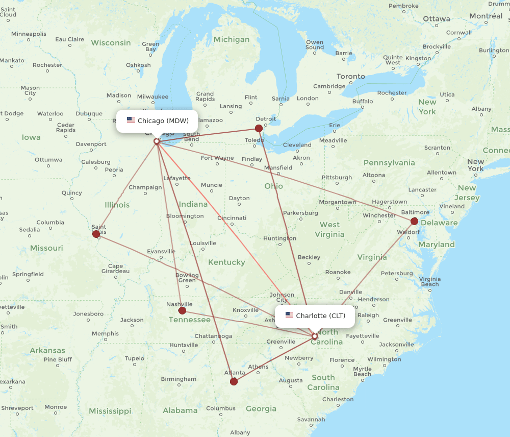 MDW to CLT flights and routes map