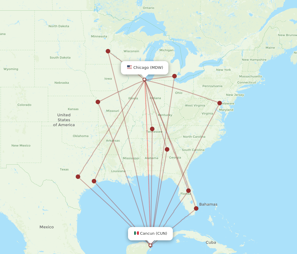 MDW to CUN flights and routes map