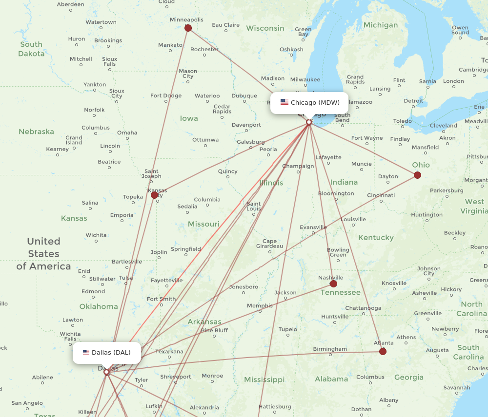 MDW to DAL flights and routes map
