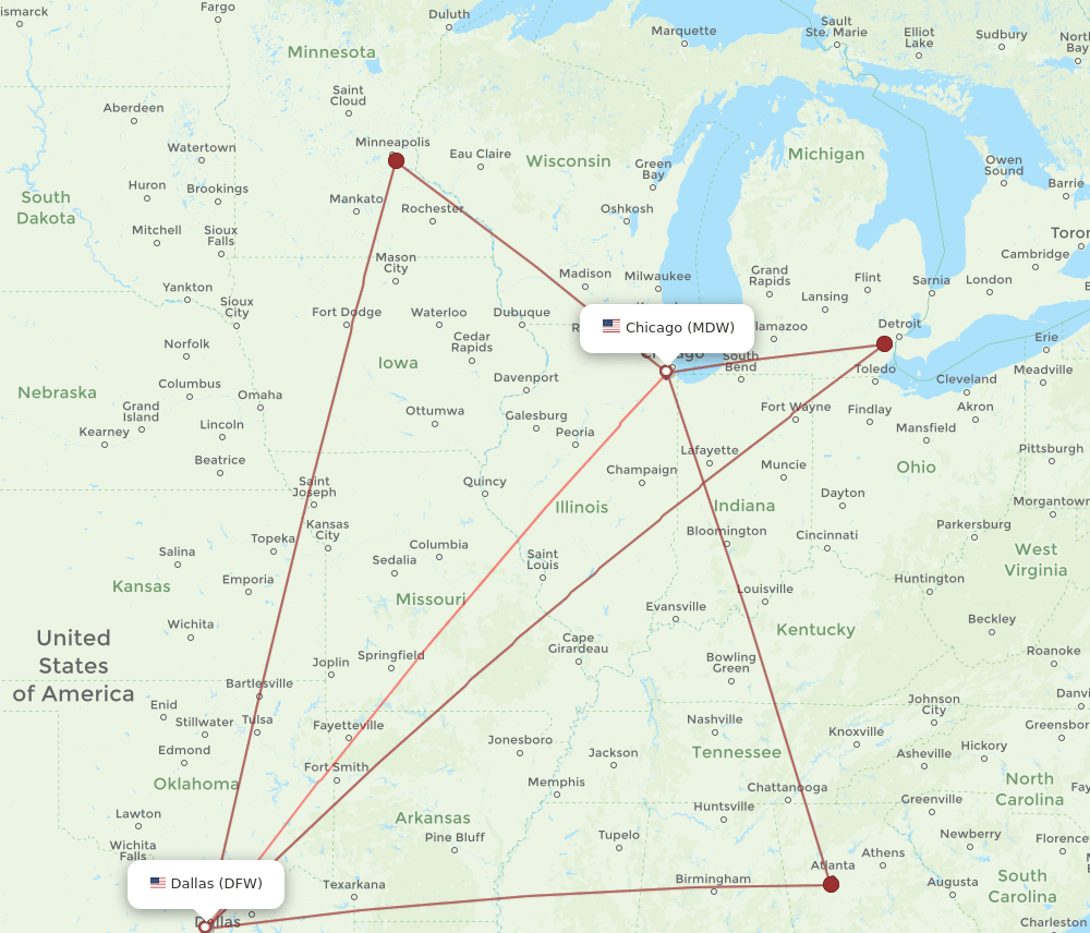 MDW to DFW flights and routes map