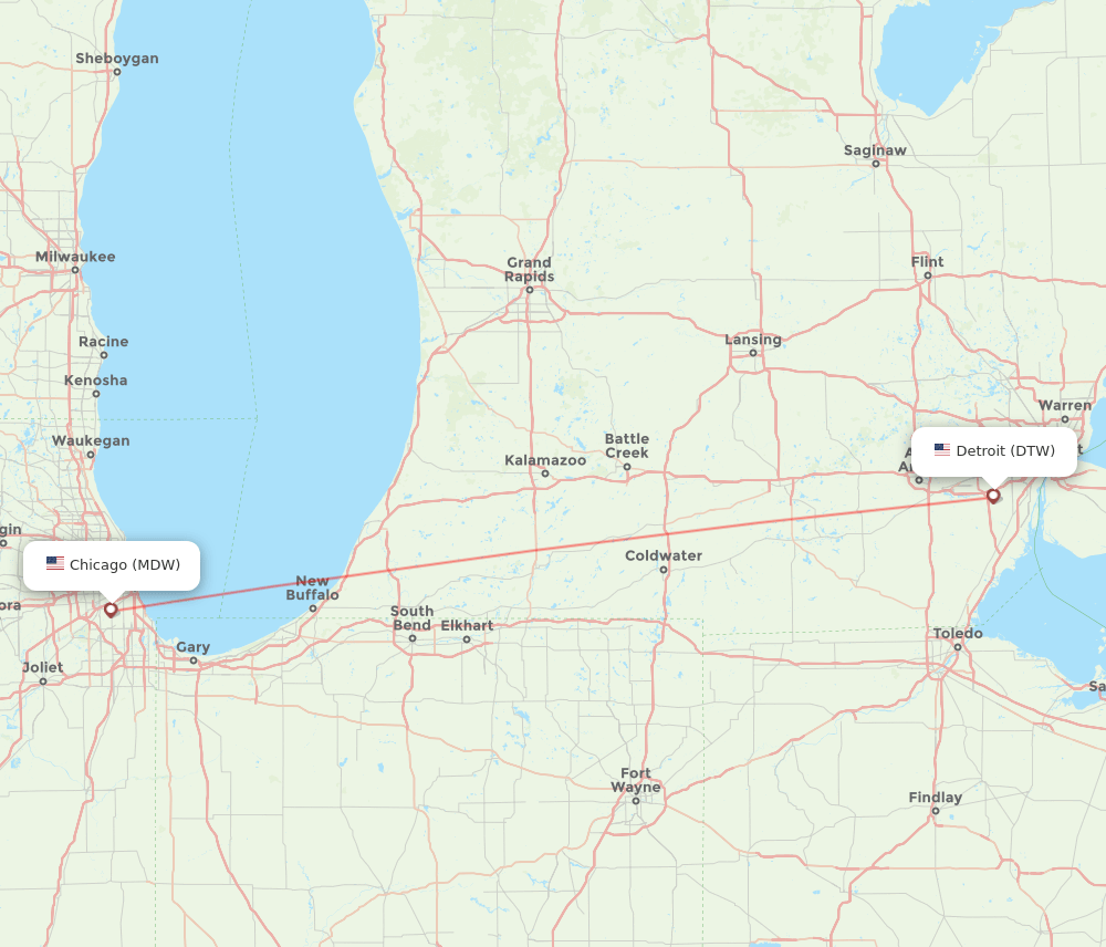 Chicago - Detroit route map and flight paths