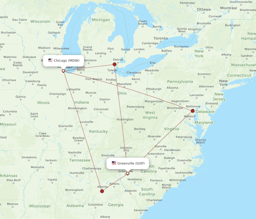 MDW-GSP flight routes