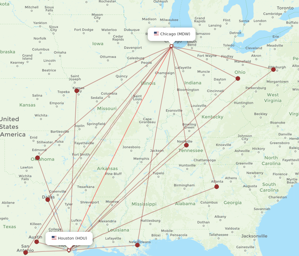 MDW to HOU flights and routes map