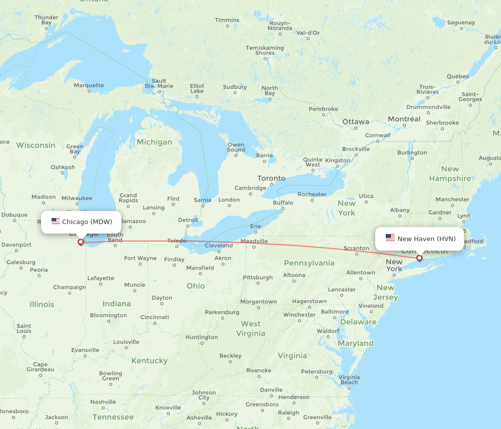 Chicago - New Haven route map and flight paths