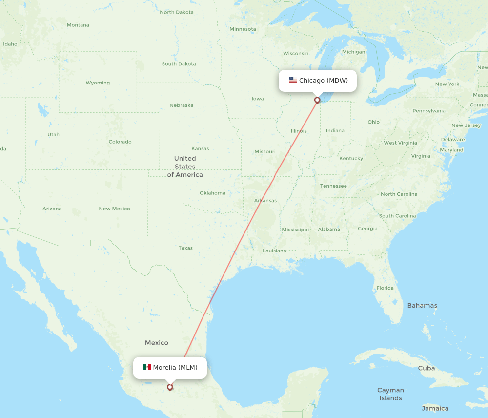 Chicago - Morelia route map and flight paths