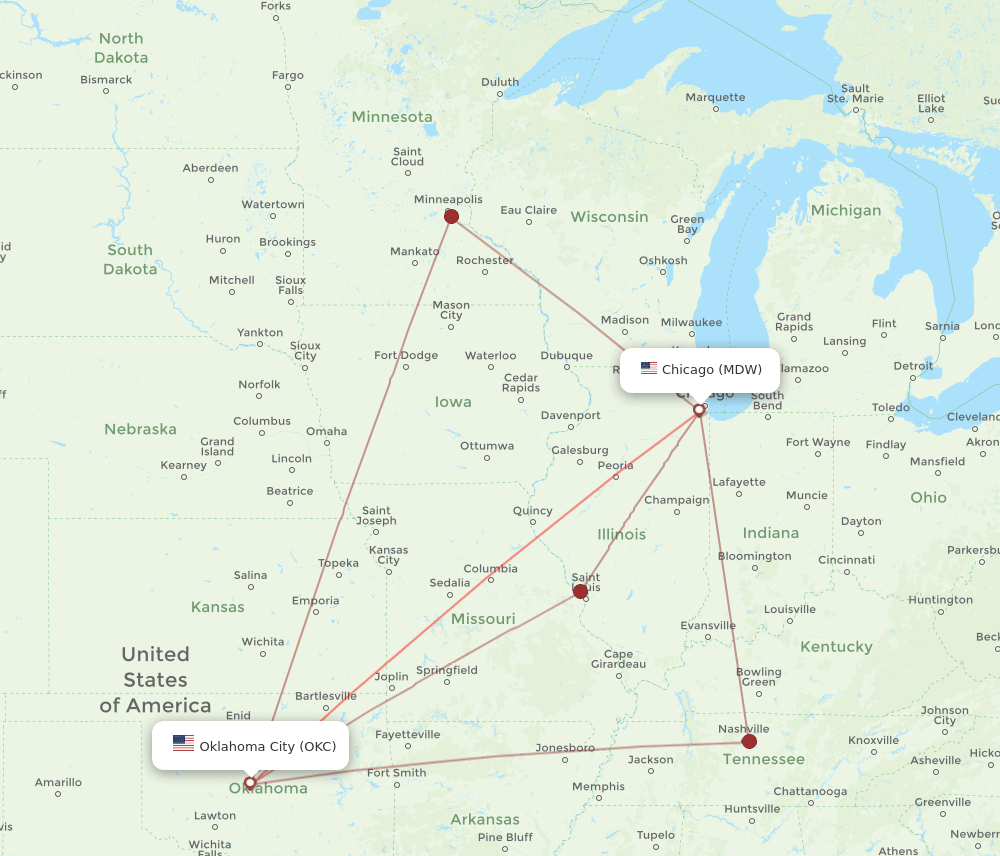 MDW-OKC flight routes