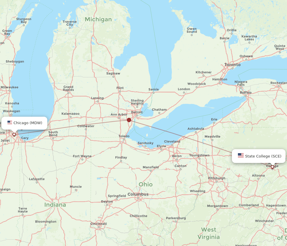 Chicago - State College route map and flight paths