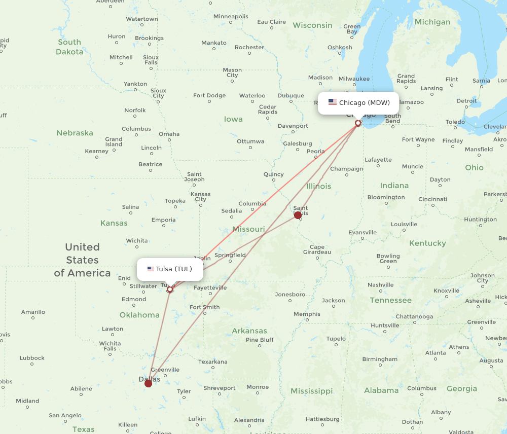 MDW-TUL flight routes