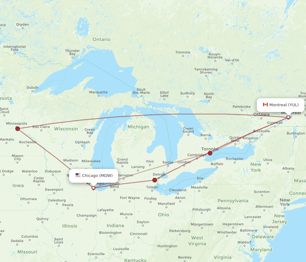 MDW to YUL flights and routes map