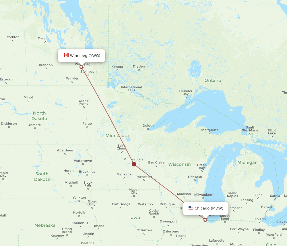 Winnipeg - Chicago route map and flight paths